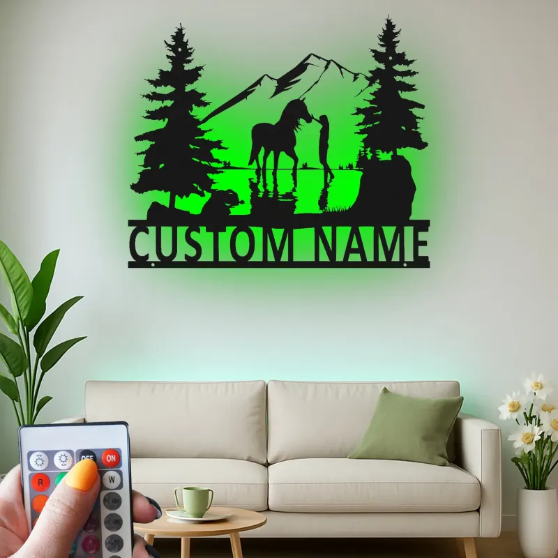Arte mural de metal personalizado con caballo | Cartel LED ecuestre a medida | Decoración rústica de casa de campo | Regalo para amantes de los caballos