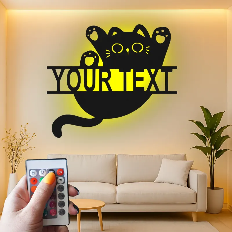 Insegna in metallo personalizzata con silhouette di gatto e luce LED regalo per amanti dei gatti decorazione per camera da letto o soggiorno 3