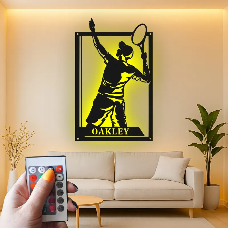 Personalized Tennis Player Metal Wall Art | Custom LED Name Sign for Game Room | Athlete Silhouette Decor