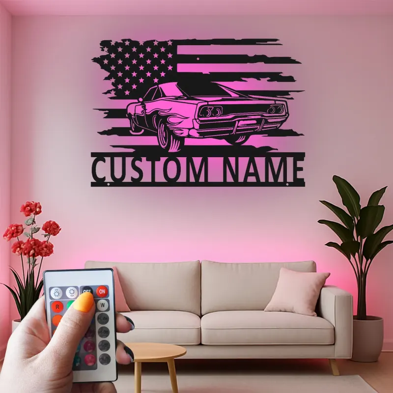 Custom Muscle Car Metal Sign | American Flag LED Wall Art | Personalized Garage Decor | Retro Auto Man Cave Gift