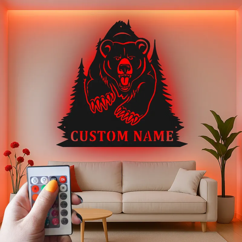 Insegna in metallo personalizzata con orso retroilluminato, regalo di fauna selvatica per amanti della natura, decorazione per cabina