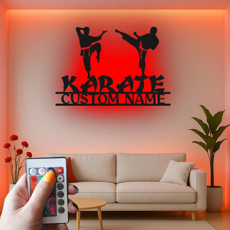 Insegna LED personalizzata per Karate | Arte in metallo personalizzata | Decorazione per dojo di arti marziali | Regalo silhouette per combattenti