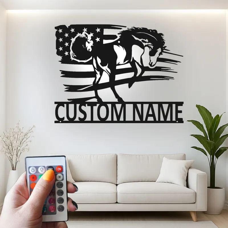 Panneau en métal LED personnalisé avec cheval | Panneau représentant le drapeau américain patriote | Cadeau équestre pour décor de ranch et de grange