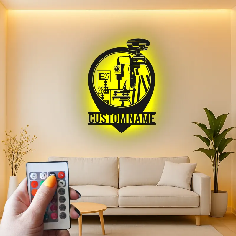 Panneau géomètre-topographe personnalisé | Décoration murale en métal LED | Décor de bureau pour ingénieur civil | Cadeau de topographie avec nom