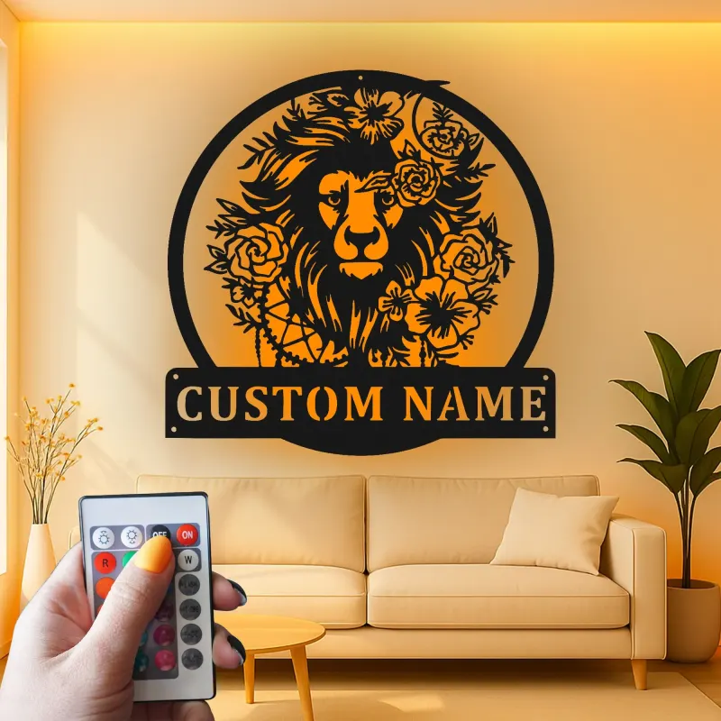 Cartel de león personalizado de metal | Arte mural LED personalizado para salón y hogar | Regalo de decoración de vida salvaje boho