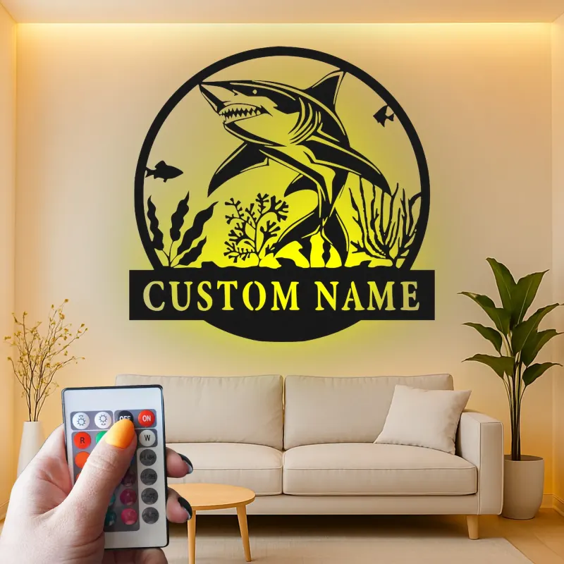 Art mural en métal requin blanc LED | Enseigne océan personnalisée | Décoration murale nautique pour bureau et maison côtière | Accent prédateur marin