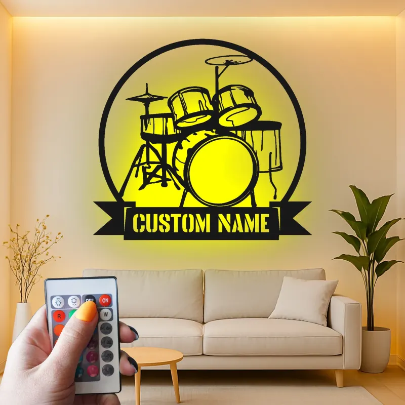 Custom Drum Set Led Light Metal Wall Art Personalized Musician Gift Studio or Music Room Decor 3