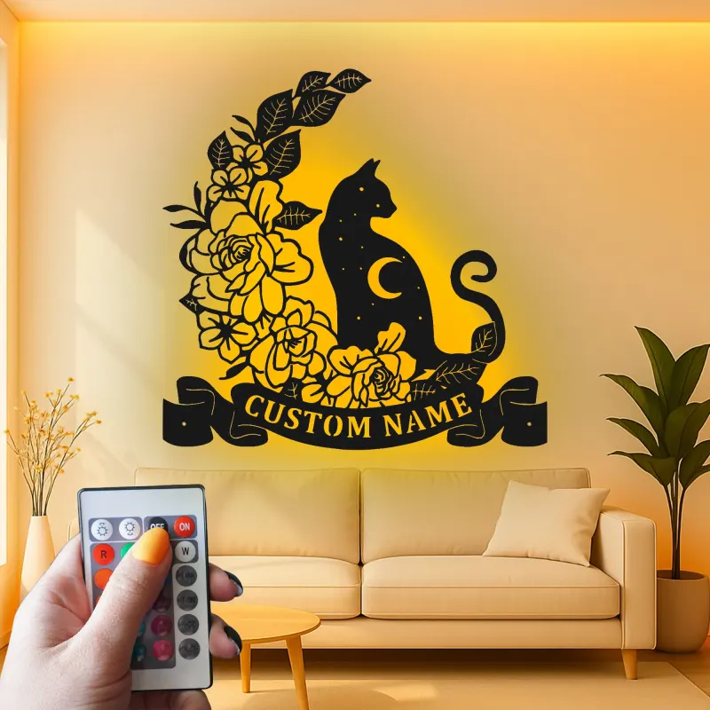 Décoration murale en métal personnalisée Chat et Fleurs avec rétroéclairage LED Cadeau pour amoureux des chats Décor de chambre ou de salon