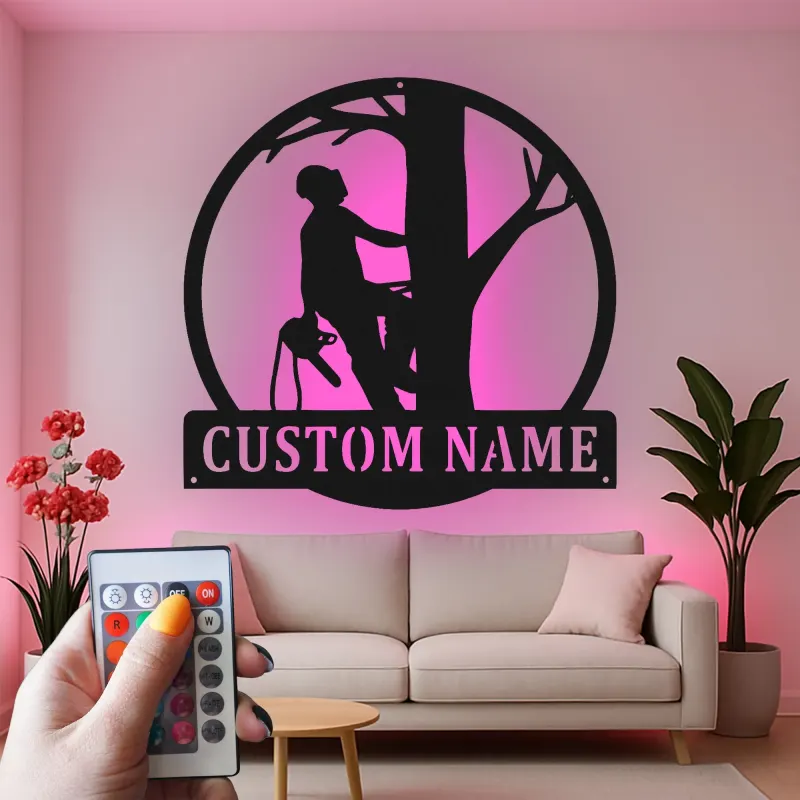 Personalisierte LED-beleuchtete Metall-Wandkunst Baumkletterer Geschenk für Arboristen