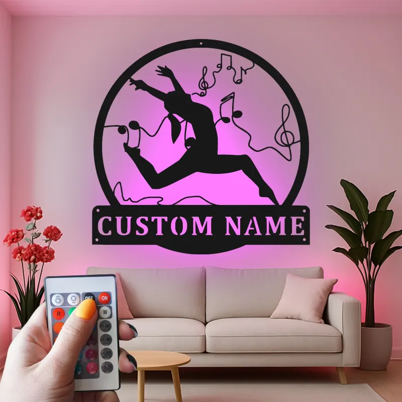 Personalisierte LED-Metall-Wandkunst mit Tänzer und Noten – Geschenk für Tanzliebhaber, Studio- oder Schlafzimmerdeko