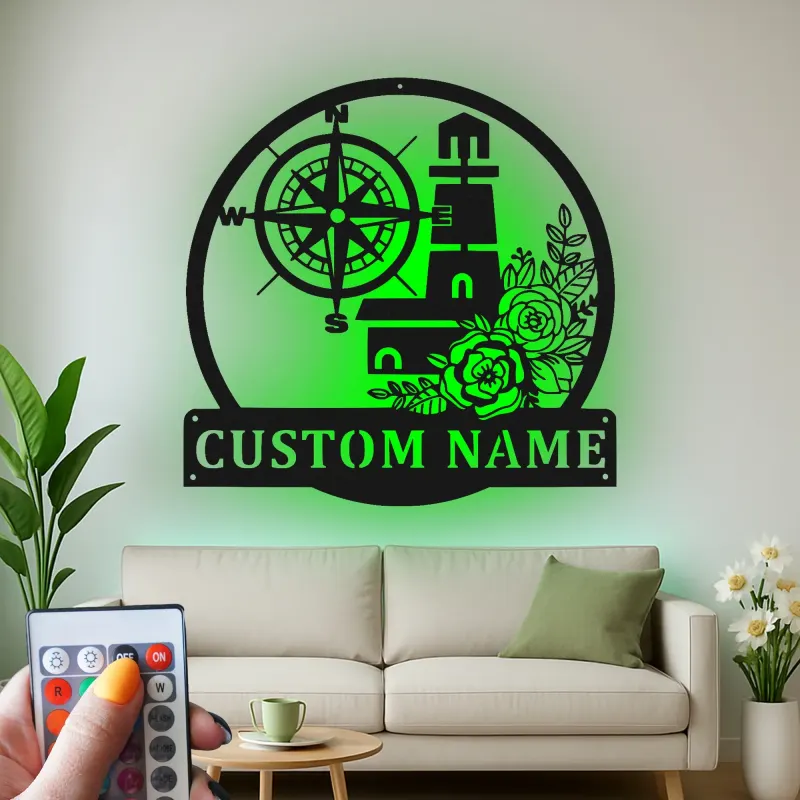 Cartel náutico de faro y brújula | Decoración mural de metal personalizada con LED | Decoración costera personalizada para casa de playa