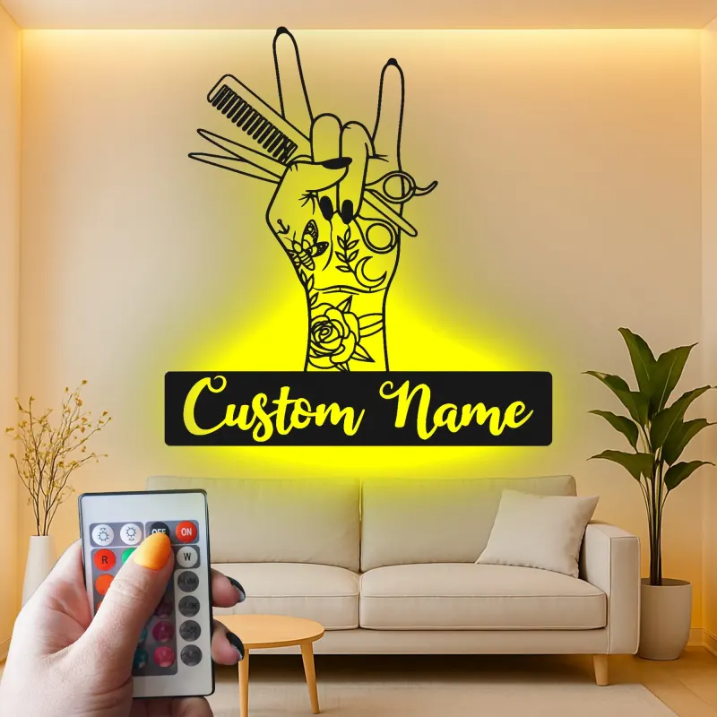 Enseigne LED en métal pour coiffeur | Décoration murale de salon personnalisée | Art sur mesure pour barber shop | Plaque nominative inspirée du tatouage