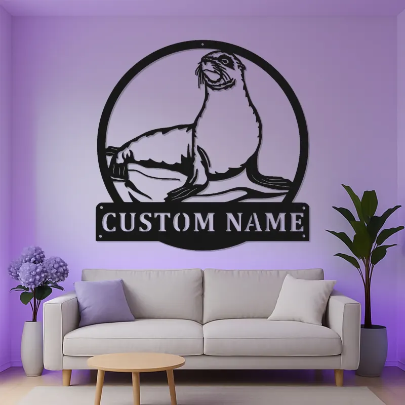Custom Sea Lion Metal Wall Art | LED Light Nautical Decor | Personalized Ocean Lover Gift | Marine Life Name Sign