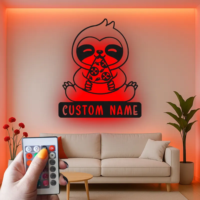 Décoration murale en métal personnalisée avec paresseux mangeant de la pizza et rétroéclairage LED - Cadeau amusant pour les amateurs de pizza