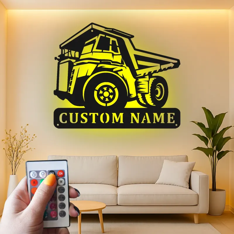 Insegna in metallo LED a forma di camion ribaltabile personalizzata - Regalo per appassionati di costruzione - Decorazione per garage o ufficio