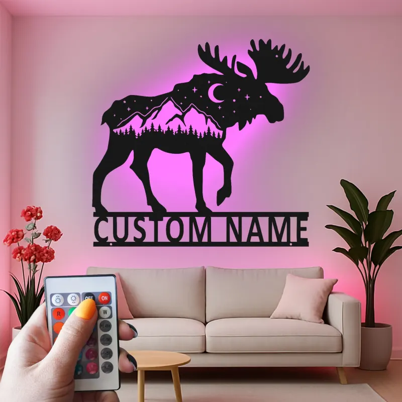 Personalized Moose Metal Wall Art | LED Wildlife Sign | Custom Name Cabin Decor | Rustic Mountain Hunter Gift