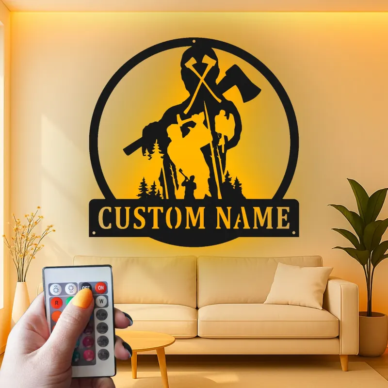 Insegna in Metallo Boscaiolo Personalizzata | Arte da Parete LED Woodsman | Regalo Personalizzato per Lui | Decorazione Rustica per Cabin e Garage