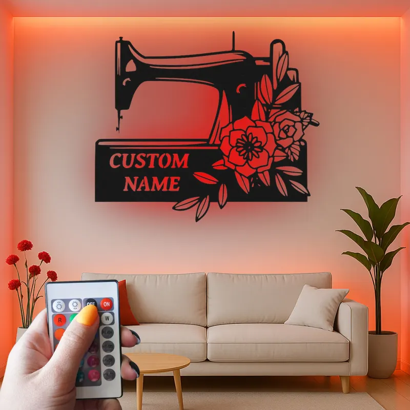Cartel de máquina de coser personalizado | Decoración mural de metal LED personalizada | Decoración para el cuarto de costura