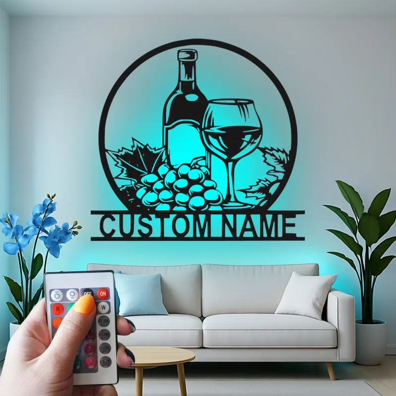 Custom Wine Bottle and Glass Led Light Metal Wall Art Personalized Wine Lover Gift Kitchen or Bar Decor