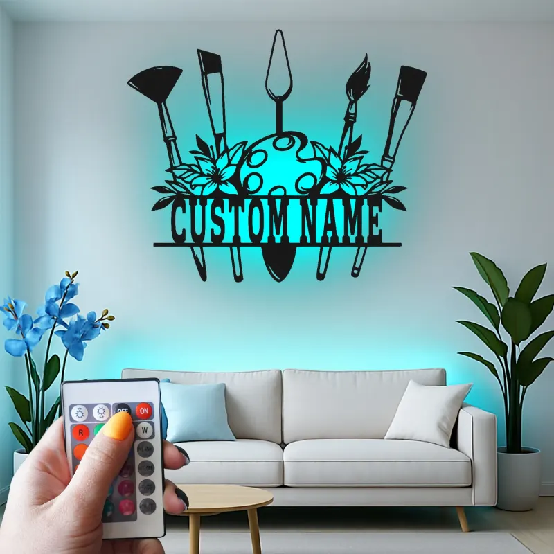 Insegna in metallo personalizzata con luce LED a forma di tavolozza per artisti regalo personalizzato per pittori, decorazione per studio o sala d'arte
