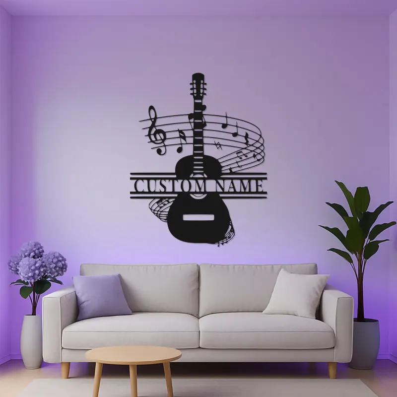 Panneau prénom guitare personnalisé | Décoration murale en métal sur mesure avec LED | Décor studio de musique | Cadeau pour musicien