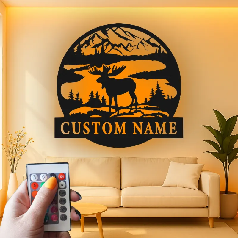 Cartel LED de alce macho personalizado | Arte mural de cabaña rústica | Decoración personalizada para lodge de cazador
