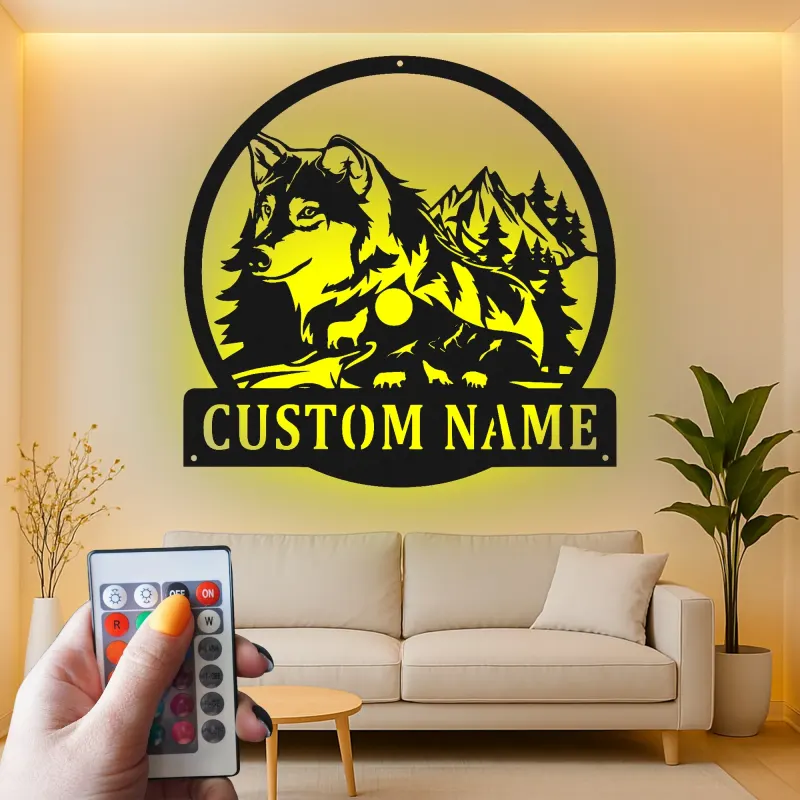 Cartel de metal personalizado de lobo y montaña con luz LED Regalo para amantes de la naturaleza Decoración rústica de cabaña