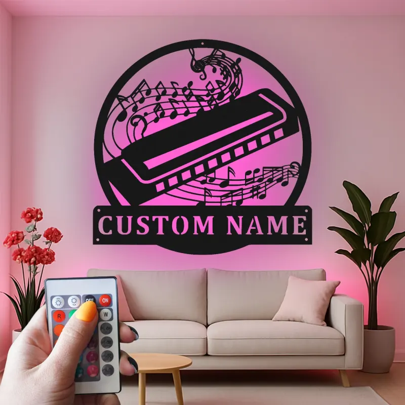 Enseigne LED personnalisée harmonica | Décoration murale en métal sur mesure | Décor pour salle de musique | Cadeau pour musicien et amateur de blues
