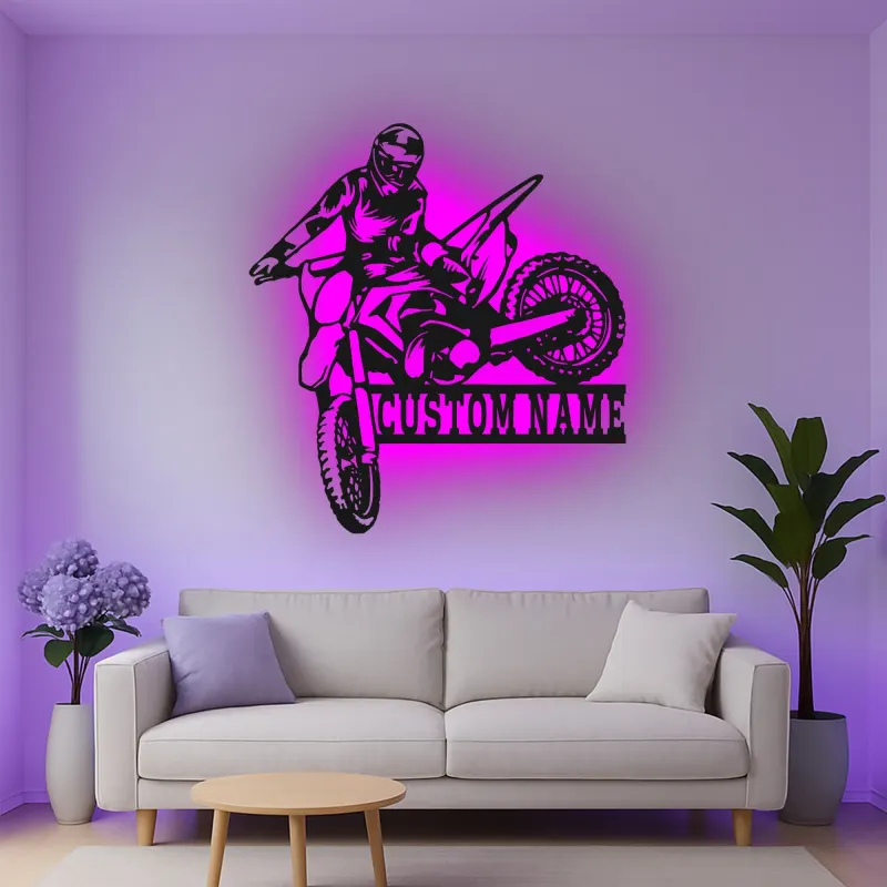 Custom Motocross Rider Led Light Metal Wall Art Personalized Gift for Dirt Bike Enthusiasts Garage or Man Cave Decor 3