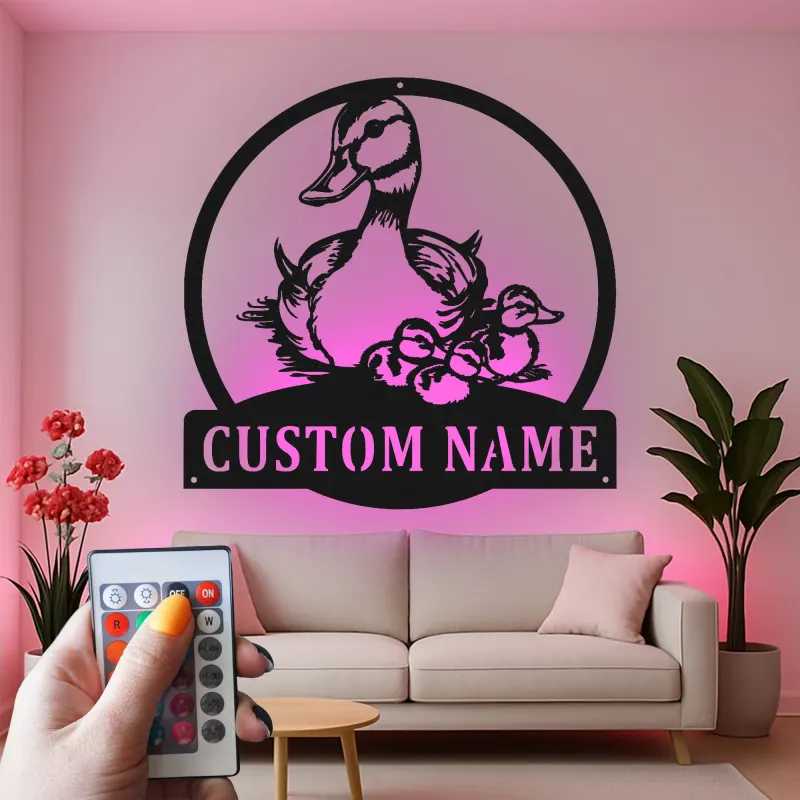 Cartel de metal personalizado con familia de patos y luz LED, regalo personalizado para amantes de la naturaleza, decoración para guardería o salón