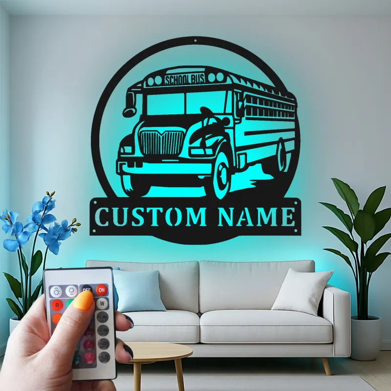 Insegna per Scuolabus Personalizzata | Arte Murale in Metallo Personalizzata con Luci LED | Regalo per Autista di Scuolabus o Decorazione per Aula