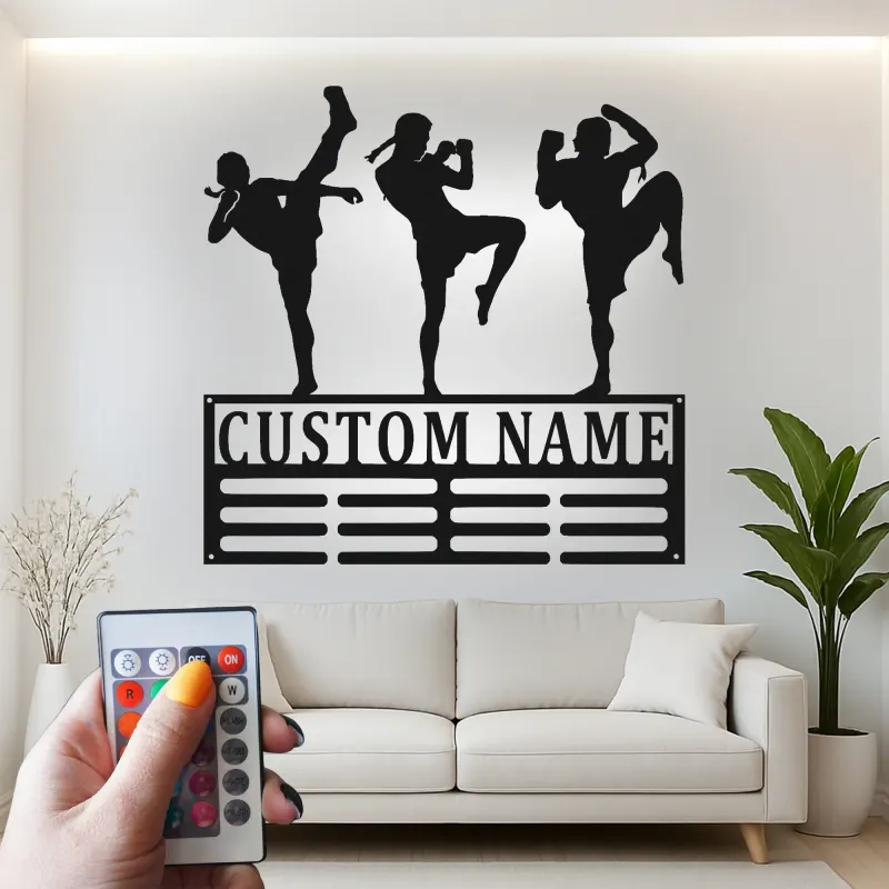 Panneau LED Muay Thai Personnalisé | Art mural en métal Kickboxing sur mesure | Décor d'Arts Martiaux pour Salle de Sport ou Cadeau pour Athlète