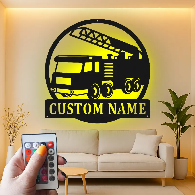Custom Fire Truck Metal Sign | Personalized LED Name Plaque | Firefighter Gift for Kids Room & Fire Station Decor | Hand-Crafted Wall Art