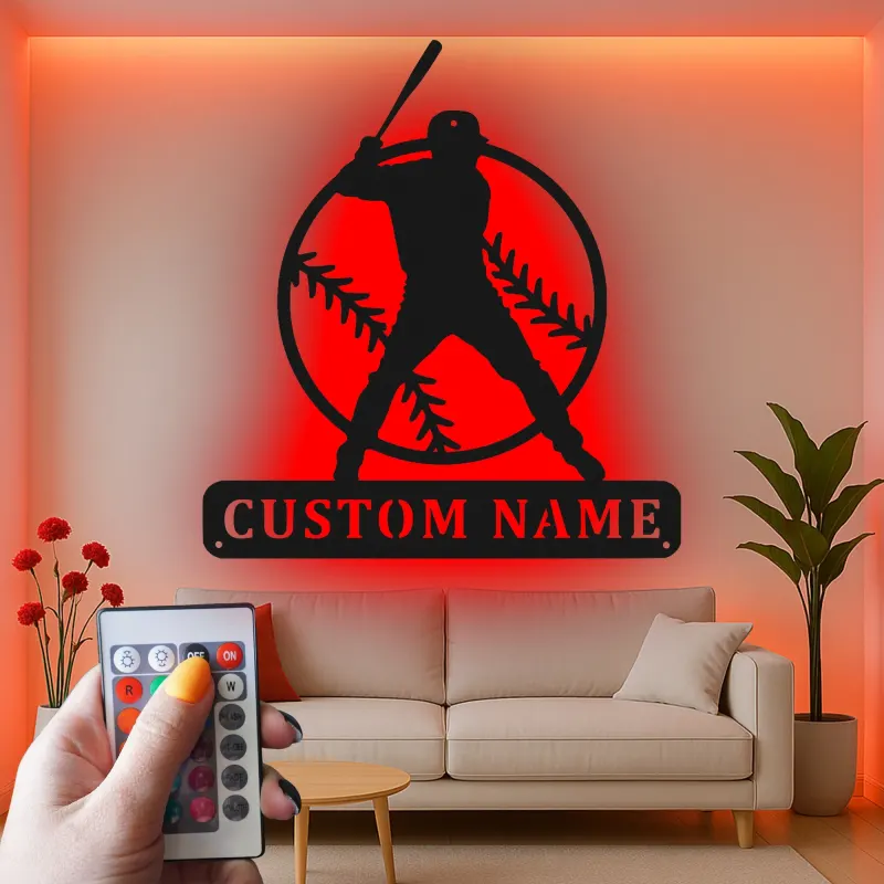 Décoration murale en métal personnalisée joueur de baseball avec rétroéclairage LED