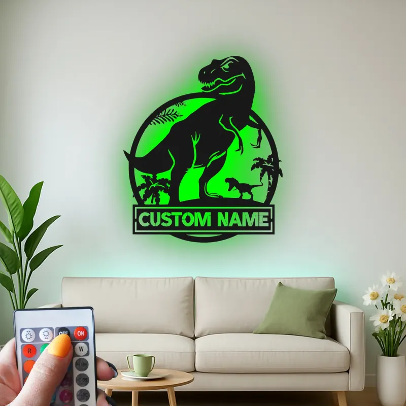Personalisiertes T-Rex Dinosaurier LED Licht Metallschild Geschenk für Kinderzimmer oder Spielzimmer Dekor