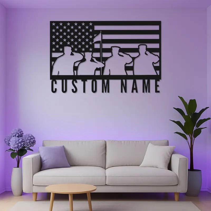 Patriotic American Flag Metal Sign | Custom Veteran Name Wall Art | LED Backlit Military Silhouette Decor