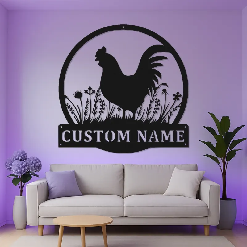 Insegna in metallo con gallo personalizzata con LED | Arte murale personalizzata per fattoria | Decorazione rustica per cucina e pollaio | Regalo per amanti dei polli