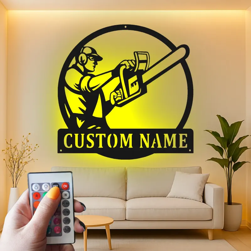 Personalisierte Arborist Metalltafel | Kettensäge LED Wandkunst | Individuelle Logger Dekoration | Geschenk für Outdoor-Enthusiasten & Baumdienst