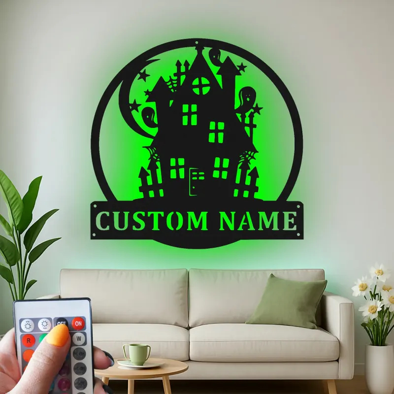 Letrero LED de casa encantada | Decoración mural de metal personalizada | Decoración de Halloween con apellido personalizado | Iluminación espeluznante para exterior y porche