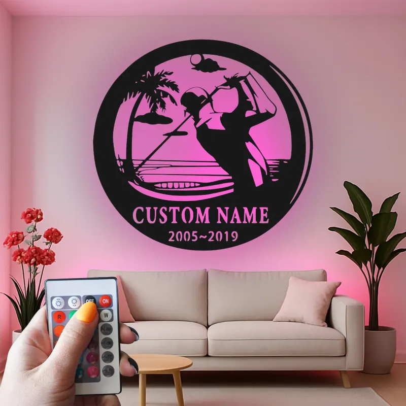 Panneau métallique personnalisé pour golfeur | Décoration murale LED pour bureau et maison | Cadeau personnalisé pour amateur de golf | Déco de man cave