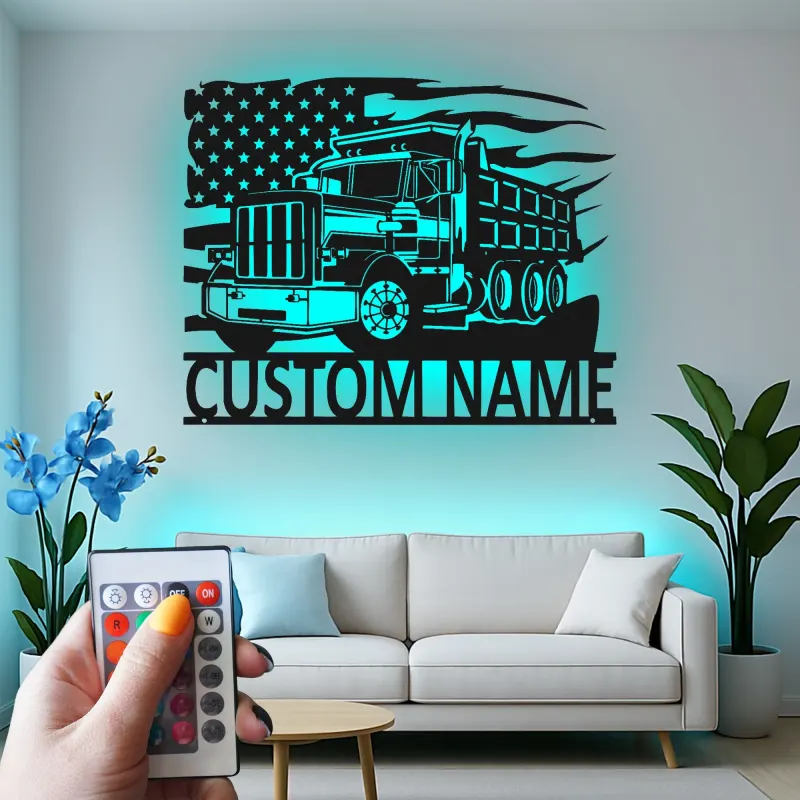 Custom Truck Led Light Metal Wall Art Personalized Gift for Truckers Garage or Man Cave Decor