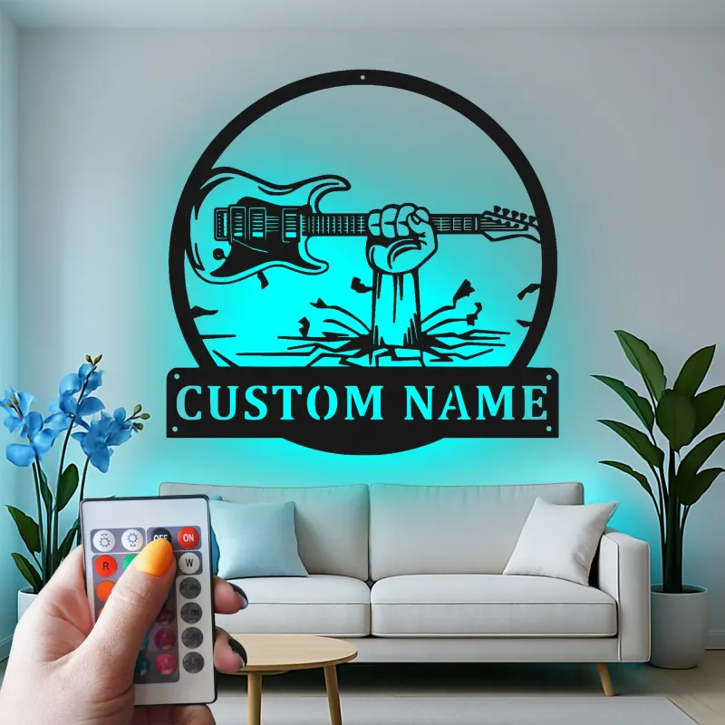 Enseigne LED guitare en métal personnalisée | Décoration murale prénom musicien | Décor studio rock et bar à domicile
