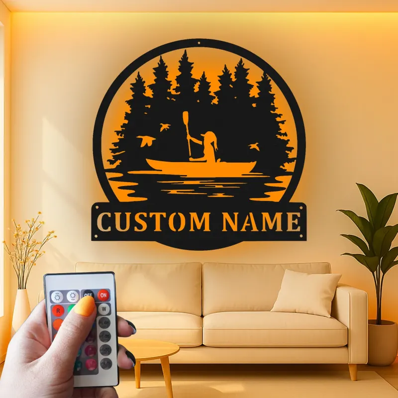 Insegna in metallo personalizzata per kayakista | Insegna LED con scena lacustre personalizzata | Regalo per amanti dell'outdoor | Decorazione per cabin e case al lago