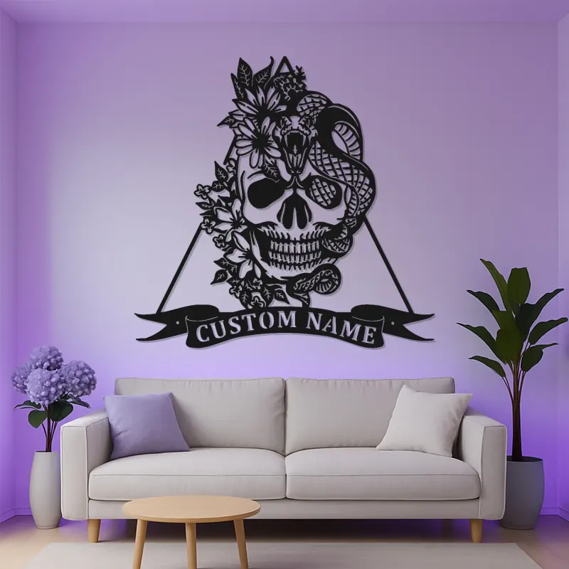 Gothic Skull & Snake LED Metal Wall Art | Personalized Tattoo Studio Decor | Custom Name Sign for Home Bar