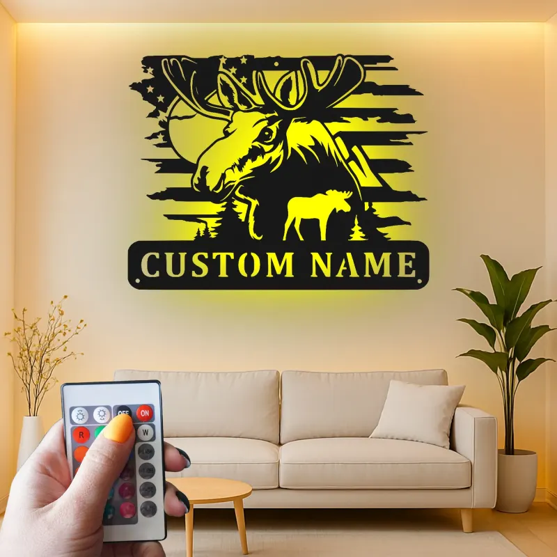 Cartel de metal personalizado de alce con LED | Decoración mural de vida salvaje personalizada para cabañas y lodges | Regalo rústico para cazadores con bandera americana