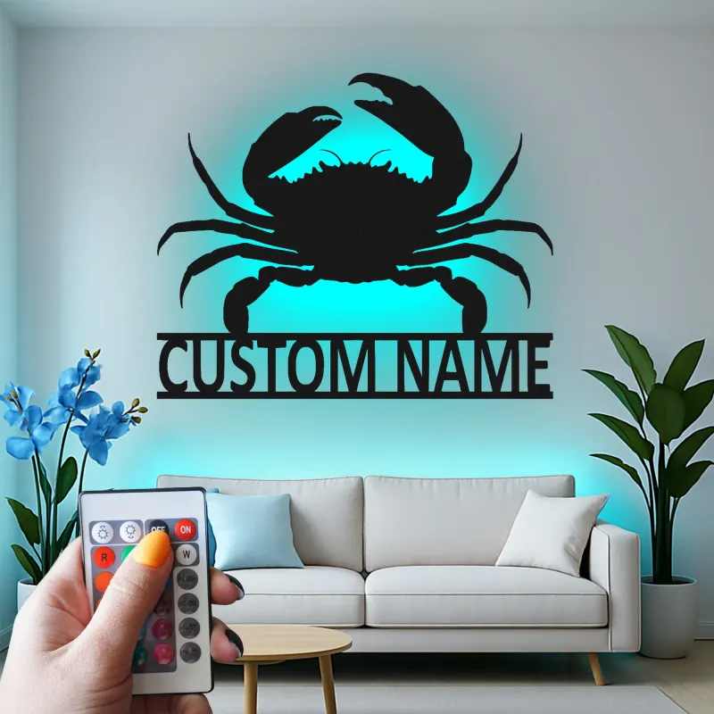 Cartel de metal personalizado de cangrejo con luz LED, regalo costero, decoración de casa de playa para amantes del océano
