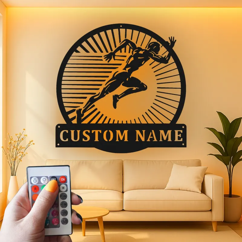 Custom Runner Name Sign | LED Metal Wall Art for Gym & Home | Personalized Track Athlete Gift | Sprint Silhouette Decor