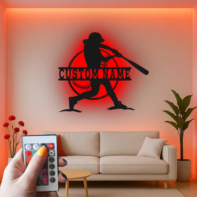 Insegna in metallo personalizzata per giocatore di softball con luce LED regalo per atleti decorazione per sala giochi sportiva 1
