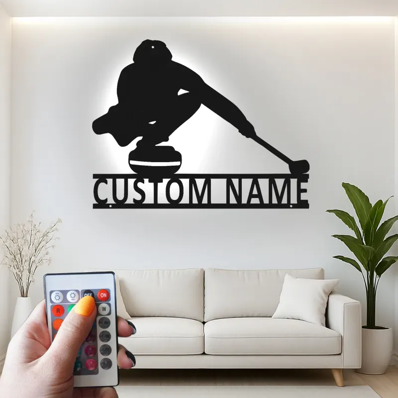 Décoration murale en métal personnalisée joueur de curling avec rétroéclairage LED Cadeau sportif pour les passionnés de curling Décor de salle de jeux 1