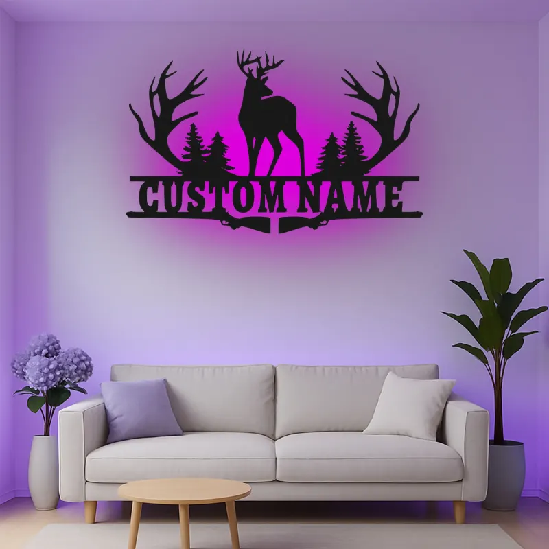 Personalisierte LED-Metall-Wandkunst mit Hirschgeweih – Geschenk für Jäger, rustikale Hüttendeko